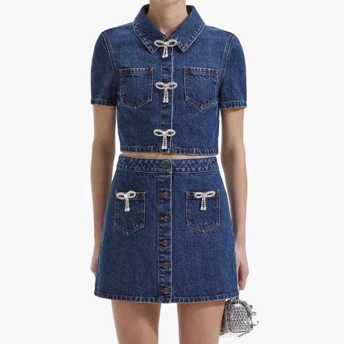 Self Portrait Denim Diamante Bow Denim Top 8211 Women