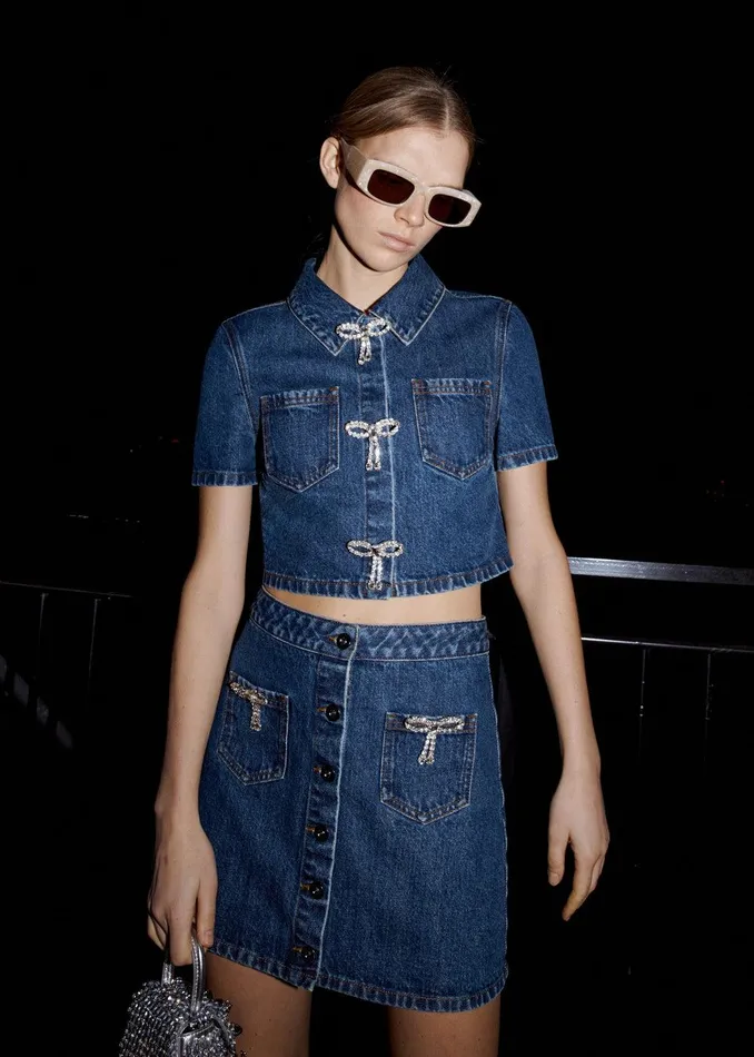 Self Portrait Denim Diamante Bow Denim Top 8211 Women