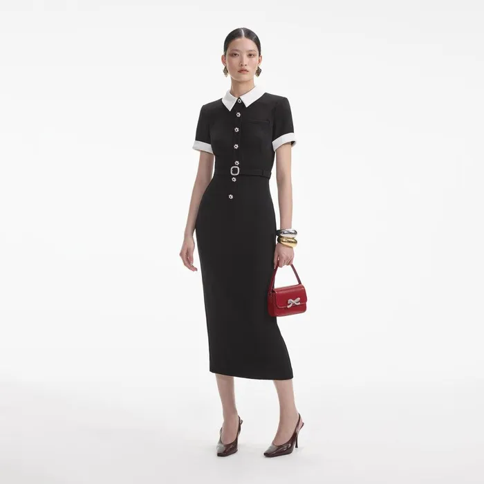 Self Portrait Dresses Black Crepe Contrast Midi Dress 8211 Women