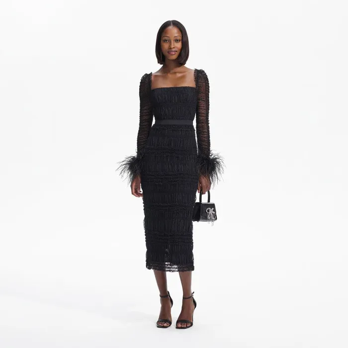 Self Portrait Dresses Black Dot Mesh Feather Midi Dress 8211 Women