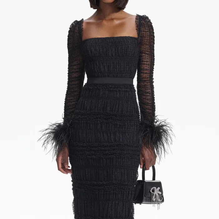 Self Portrait Dresses Black Dot Mesh Feather Midi Dress 8211 Women