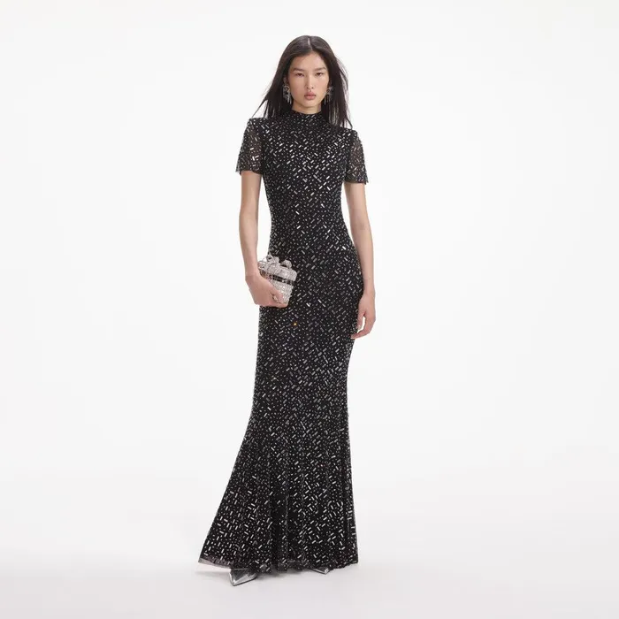 Self Portrait Dresses Black Square Rhinestone Mesh Maxi Dress 8211 Women