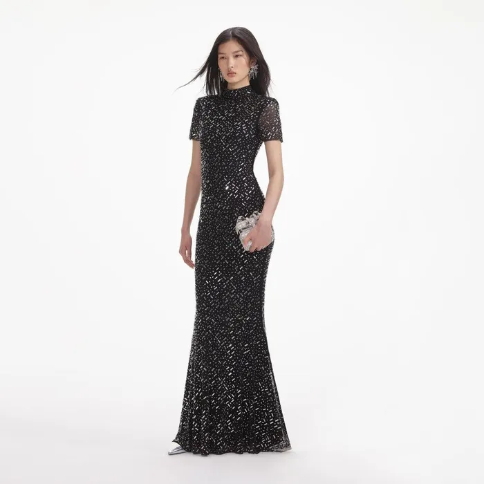 Self Portrait Dresses Black Square Rhinestone Mesh Maxi Dress 8211 Women