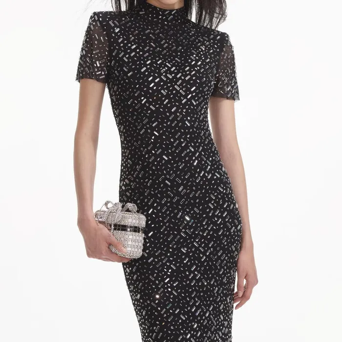 Self Portrait Dresses Black Square Rhinestone Mesh Maxi Dress 8211 Women
