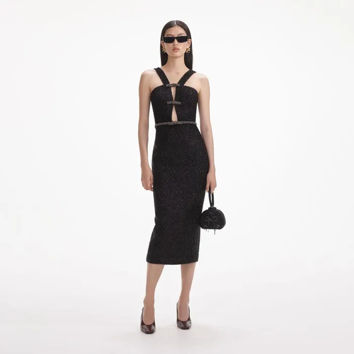 Self Portrait Dresses Black Tinsel Boucle Midi Dress 8211 Women