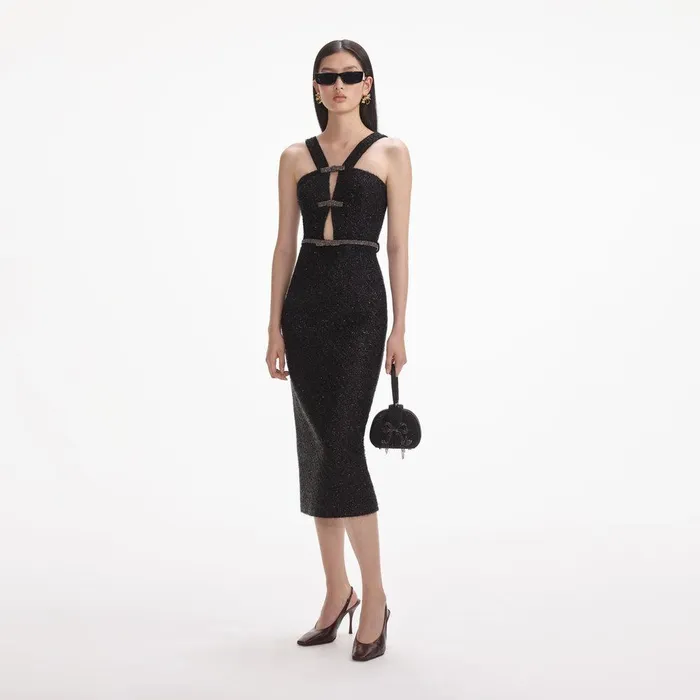 Self Portrait Dresses Black Tinsel Boucle Midi Dress 8211 Women