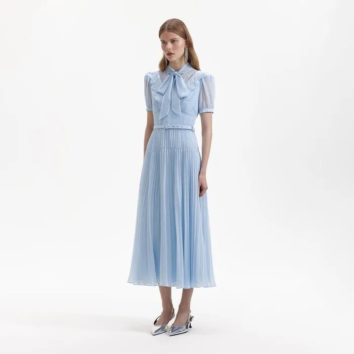 Self Portrait Dresses Blue Chiffon Bow Midi Dress 8211 Women