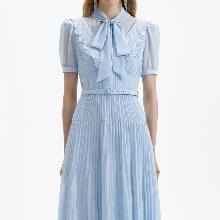 Self Portrait Dresses Blue Chiffon Bow Midi Dress 8211 Women