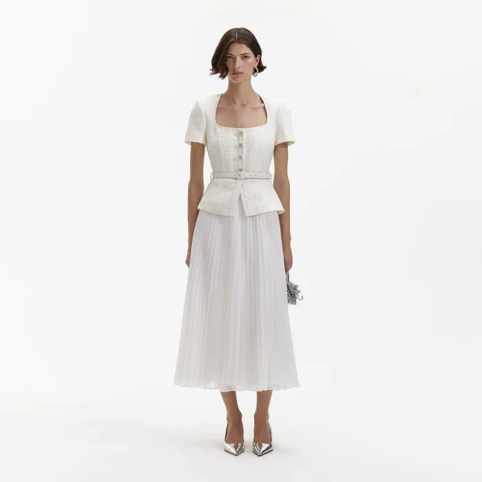 Self Portrait Dresses Cream Boucle Chiffon Midi Dress 8211 Women