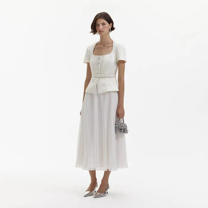 Self Portrait Dresses Cream Boucle Chiffon Midi Dress 8211 Women
