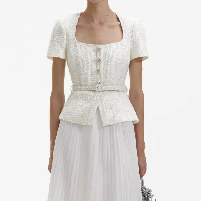 Self Portrait Dresses Cream Boucle Chiffon Midi Dress 8211 Women