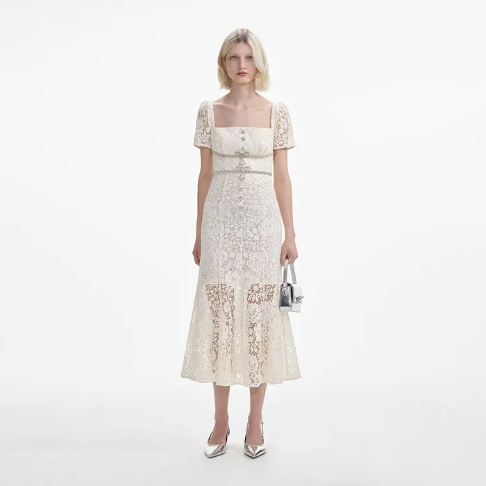 Self Portrait Dresses Cream Lace Diamante Bow Midi Dress 8211 Women