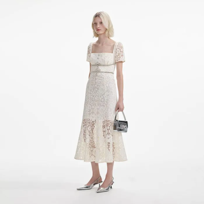 Self Portrait Dresses Cream Lace Diamante Bow Midi Dress 8211 Women