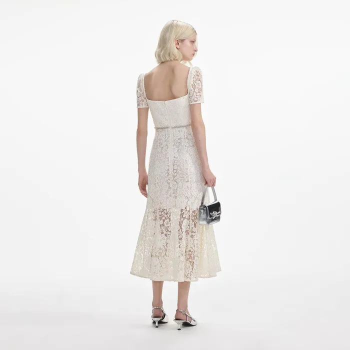 Self Portrait Dresses Cream Lace Diamante Bow Midi Dress 8211 Women