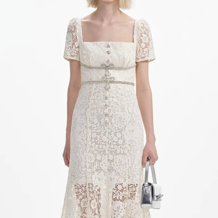 Self Portrait Dresses Cream Lace Diamante Bow Midi Dress 8211 Women