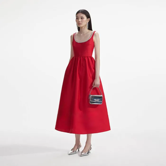 Self Portrait Dresses Red Taffeta Diamante Midi Dress 8211 Women