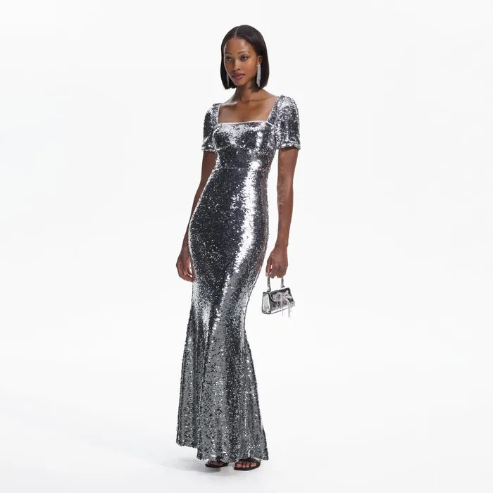 Self Portrait Dresses Silver Sequin Maxi Dress 8211 Women