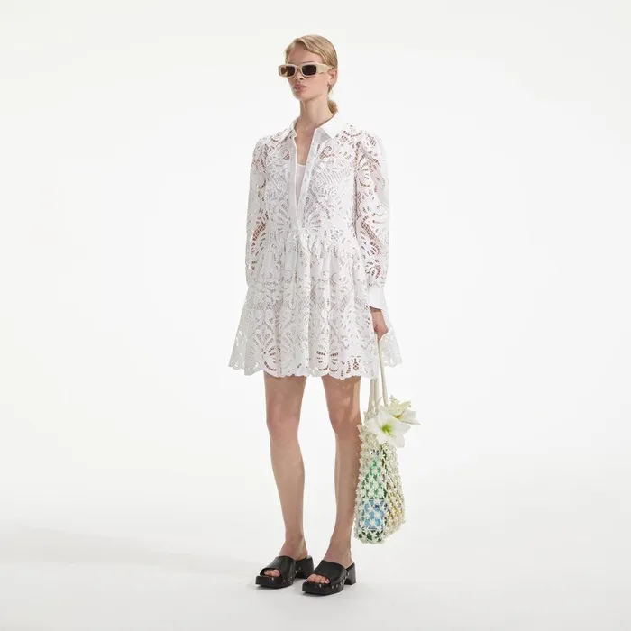 Self Portrait Dresses White Cotton Lace Mini Shirt Dress 8211 Women