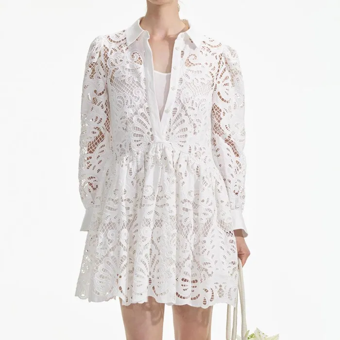 Self Portrait Dresses White Cotton Lace Mini Shirt Dress 8211 Women