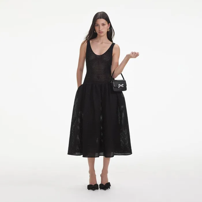 Self Portrait Knitwear Black Crochet Knit Midi Dress 8211 Women