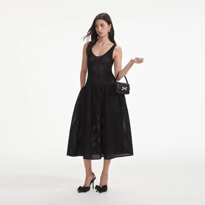 Self Portrait Knitwear Black Crochet Knit Midi Dress 8211 Women
