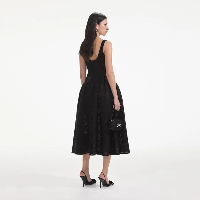 Self Portrait Knitwear Black Crochet Knit Midi Dress 8211 Women