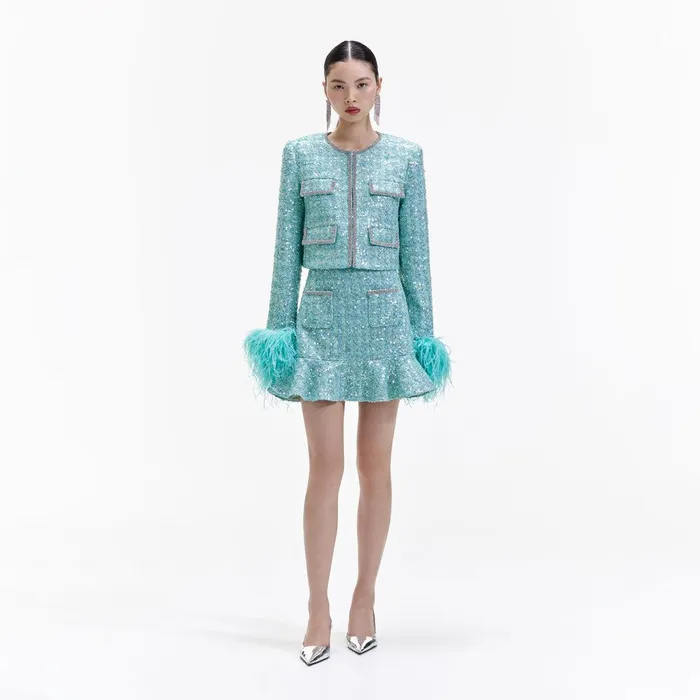 Self Portrait Outerwear Blue Boucle Feather Jacket 8211 Women