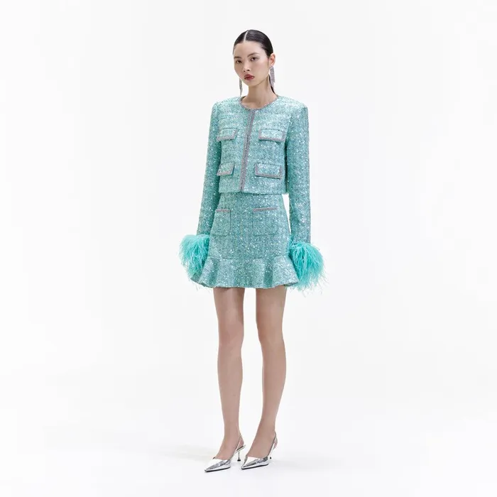 Self Portrait Outerwear Blue Boucle Feather Jacket 8211 Women