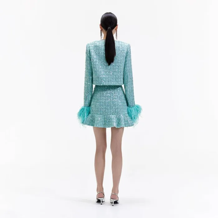 Self Portrait Outerwear Blue Boucle Feather Jacket 8211 Women
