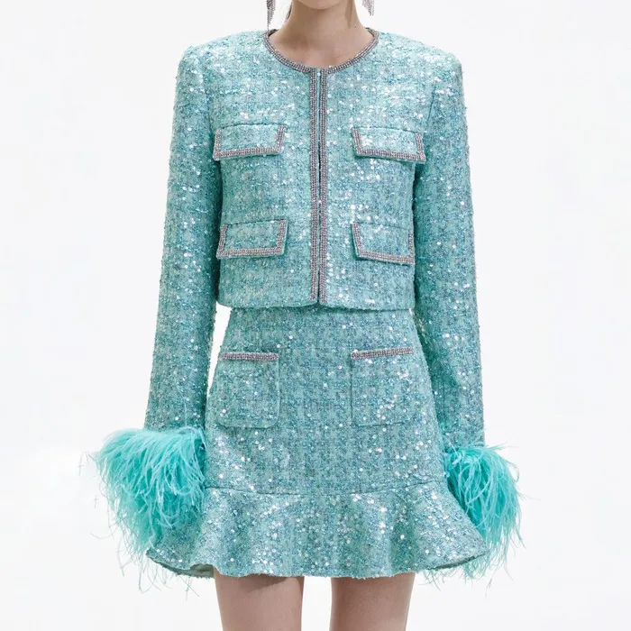 Self Portrait Outerwear Blue Boucle Feather Jacket 8211 Women