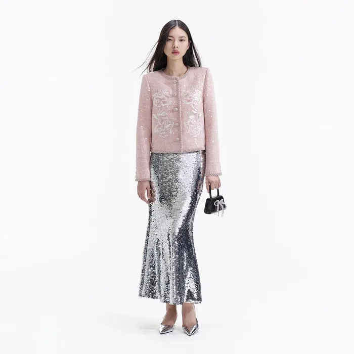 Self Portrait Outerwear Pink Hand Embroidered Peony Boucle Jacket 8211 Women