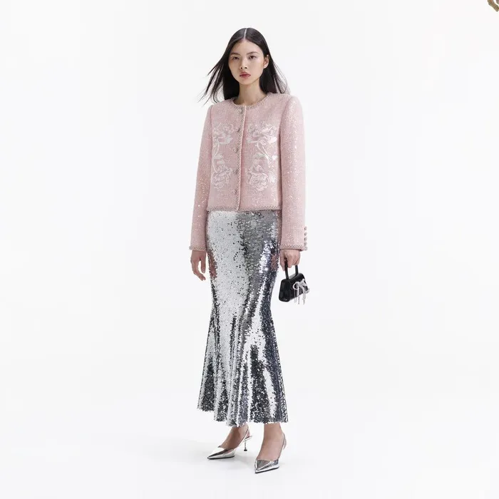 Self Portrait Outerwear Pink Hand Embroidered Peony Boucle Jacket 8211 Women