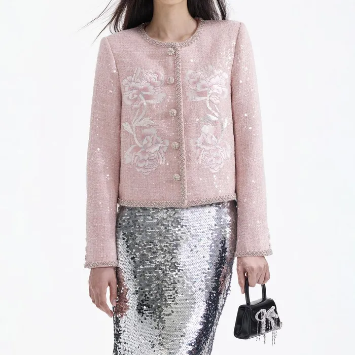 Self Portrait Outerwear Pink Hand Embroidered Peony Boucle Jacket 8211 Women