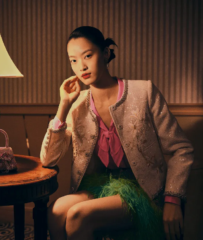 Self Portrait Outerwear Pink Hand Embroidered Peony Boucle Jacket 8211 Women