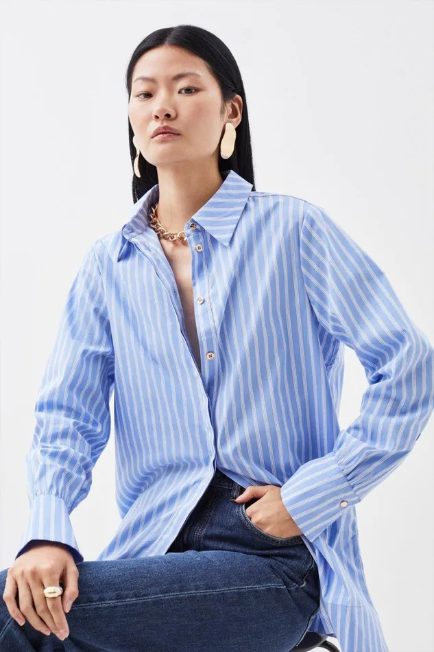 Shirts Women Karen Millen Cotton Poplin Button Sleeve Detail Woven Shirt Blue