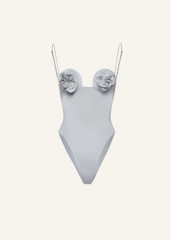Shop Magda Butrym Beachwear Flower Bustier Swimsuit In Metallic Grey