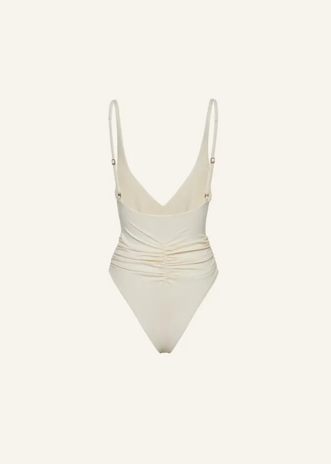 Shop Magda Butrym Beachwear Ruched Flower Swimsuit In Cream Shop Magda Butrym Beachwear Ruched Flower Swimsuit In Cream