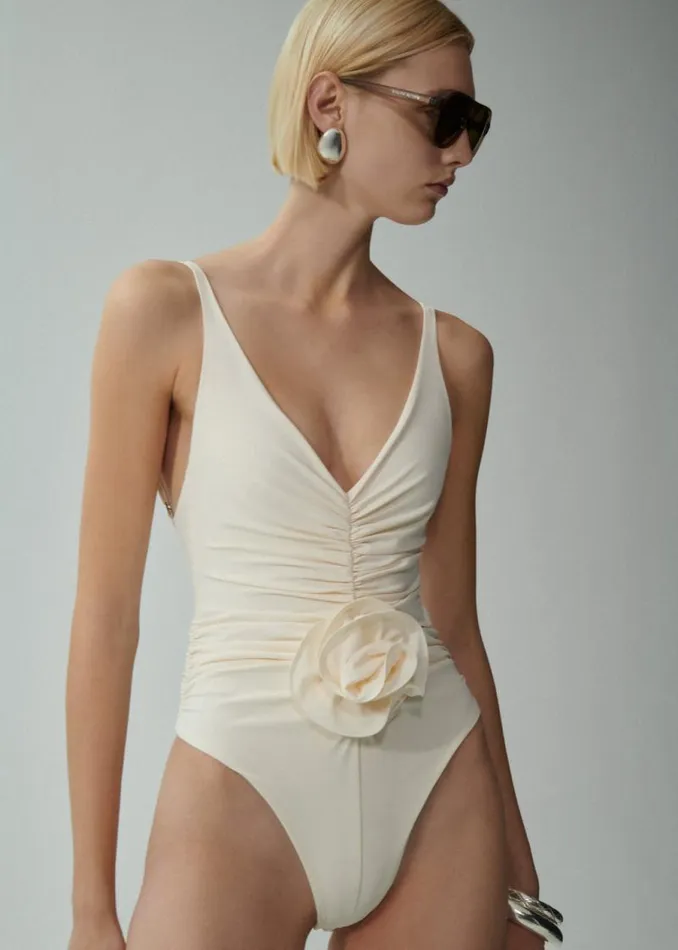 Shop Magda Butrym Beachwear Ruched Flower Swimsuit In Cream Shop Magda Butrym Beachwear Ruched Flower Swimsuit In Cream