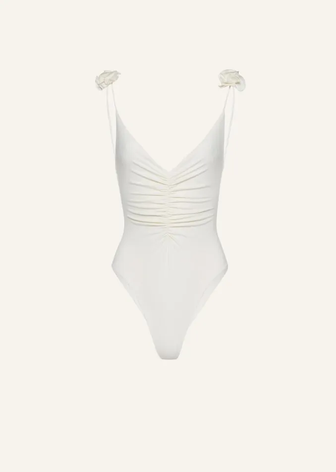Shop Magda Butrym Beachwear V Neck Swimsuit With Rosettes In Cream