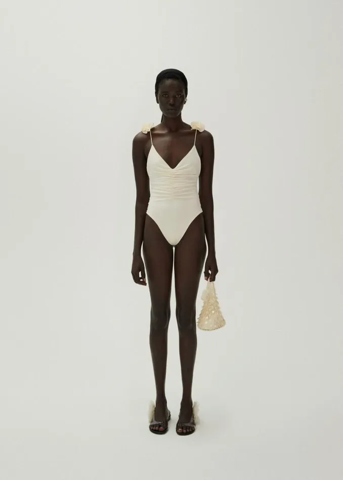 Shop Magda Butrym Beachwear V Neck Swimsuit With Rosettes In Cream Shop Magda Butrym Beachwear V Neck Swimsuit With Rosettes In Cream