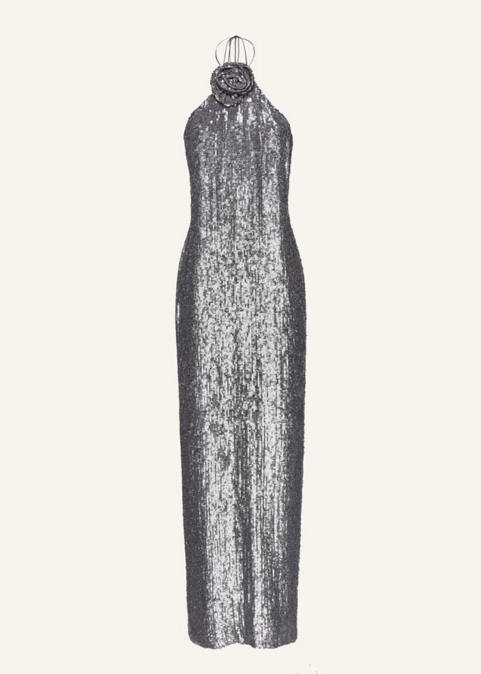 Shop Magda Butrym Dresses Choker Sequin Maxi Dress In Silver