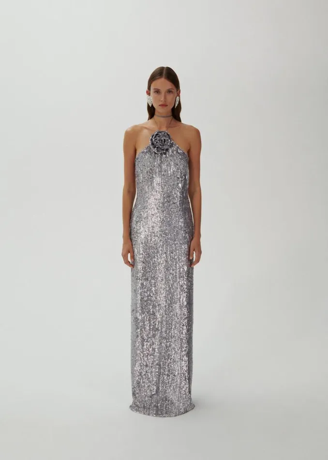 Shop Magda Butrym Dresses Choker Sequin Maxi Dress In Silver Shop Magda Butrym Dresses Choker Sequin Maxi Dress In Silver