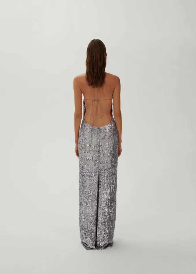 Shop Magda Butrym Dresses Choker Sequin Maxi Dress In Silver Shop Magda Butrym Dresses Choker Sequin Maxi Dress In Silver