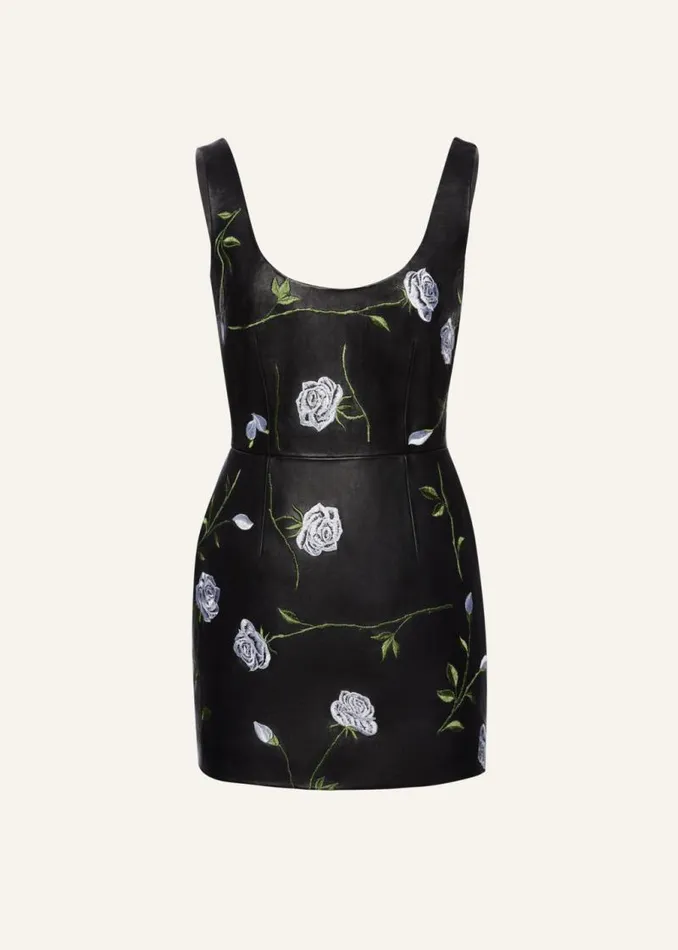Shop Magda Butrym Dresses Leather Scoop Neck Mini Dress In Rose Embroidery