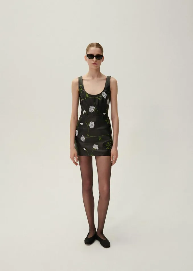 Shop Magda Butrym Dresses Leather Scoop Neck Mini Dress In Rose Embroidery Shop Magda Butrym Dresses Leather Scoop Neck Mini Dress In Rose Embroidery