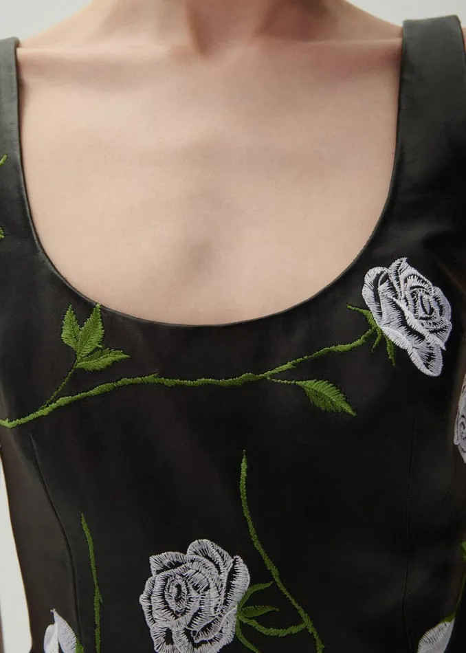 Shop Magda Butrym Dresses Leather Scoop Neck Mini Dress In Rose Embroidery Shop Magda Butrym Dresses Leather Scoop Neck Mini Dress In Rose Embroidery