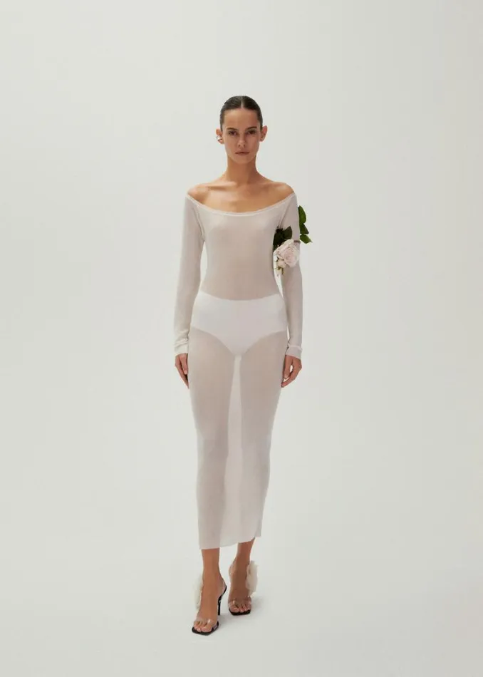 Shop Magda Butrym Dresses Off Shoulder Long Sleeve Knit Midi Dress In Cream Shop Magda Butrym Dresses Off Shoulder Long Sleeve Knit Midi Dress In Cream