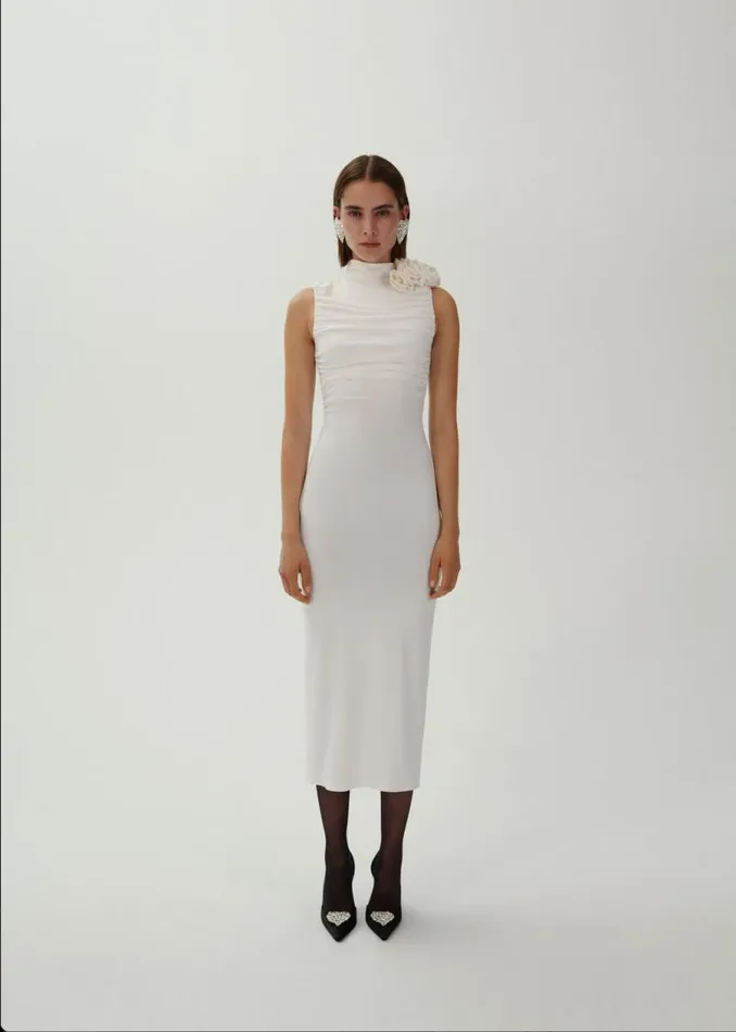 Shop Magda Butrym Dresses Ruched Mock Neck Midi Dress In Cream Shop Magda Butrym Dresses Ruched Mock Neck Midi Dress In Cream