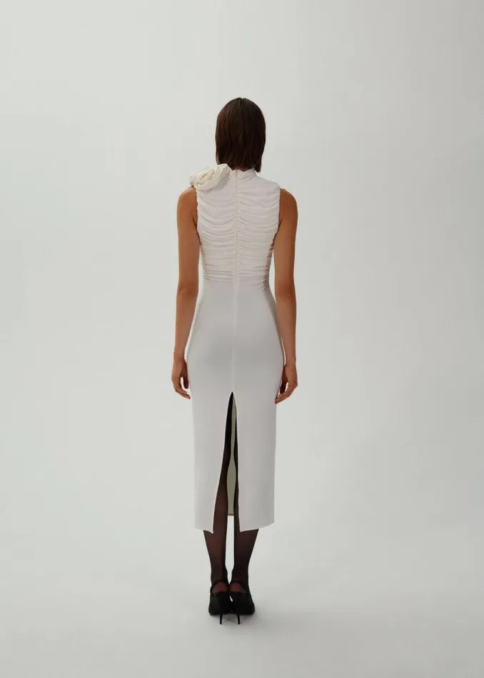Shop Magda Butrym Dresses Ruched Mock Neck Midi Dress In Cream Shop Magda Butrym Dresses Ruched Mock Neck Midi Dress In Cream
