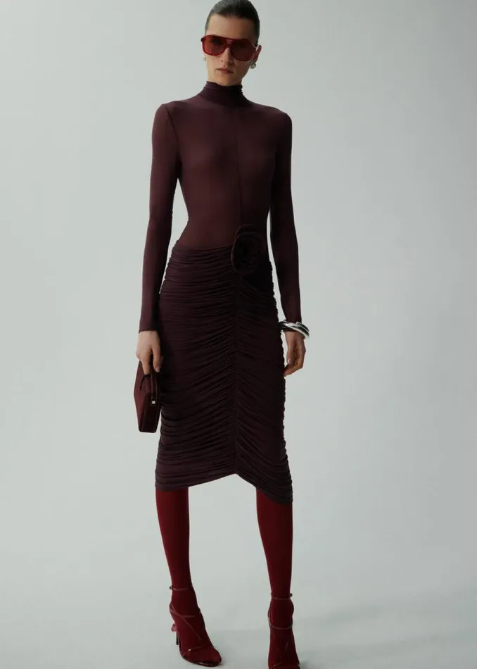 Shop Magda Butrym Dresses Sheer High Neck Midi Dress In Burgundy Shop Magda Butrym Dresses Sheer High Neck Midi Dress In Burgundy